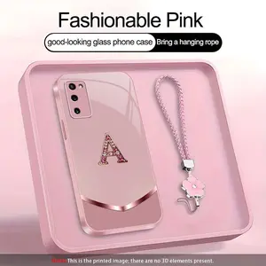 Suitable for [Galaxy S20 5g] high-end women's phone case🤩，a beautiful four-leaf clover lanyard is included🍀，simple yet sophisticated design, 26 English letters to choose from, printable patterns, non-glittery diamonds YM99