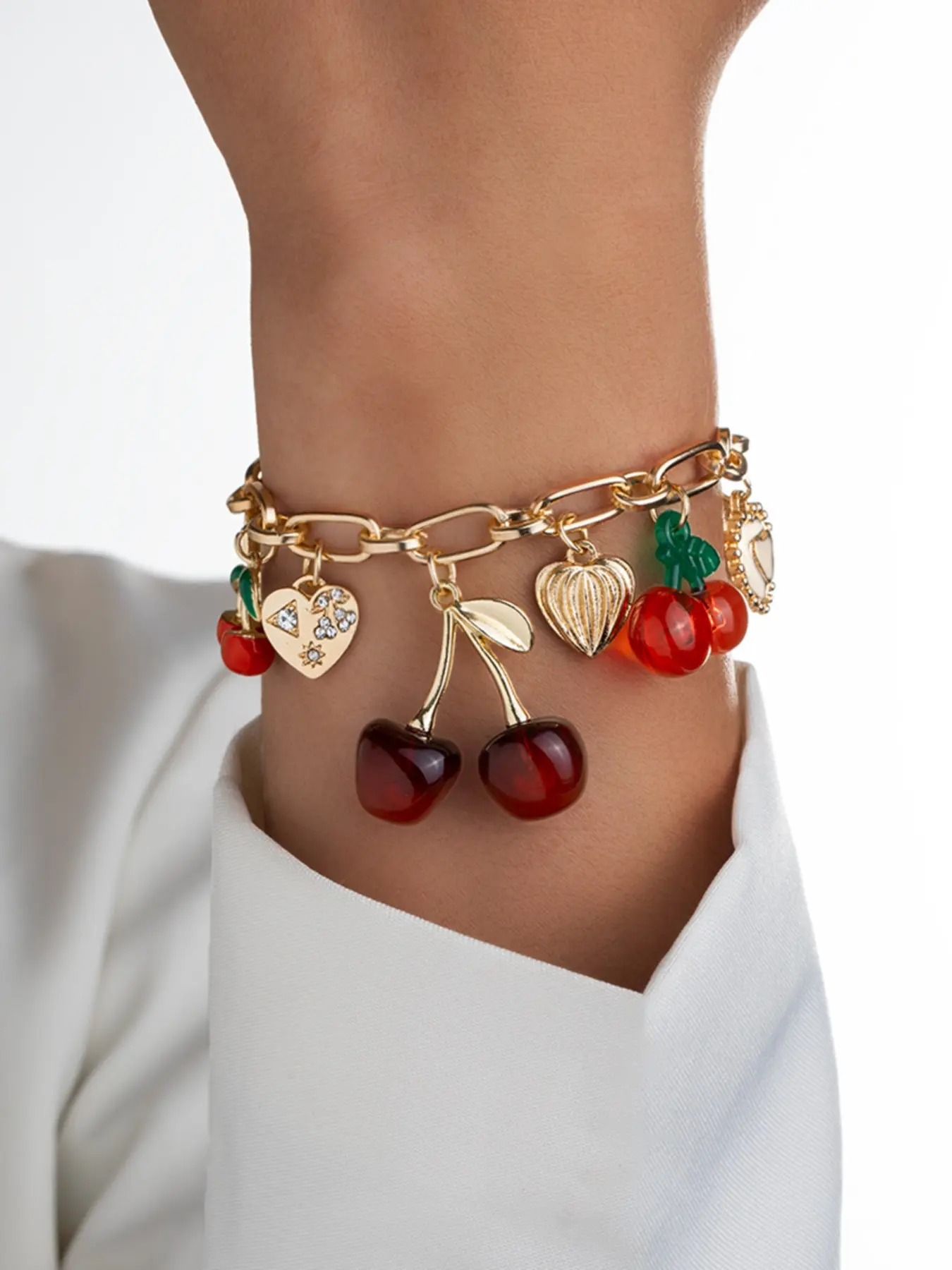 Sweet Cute Cherry Alloy Heart Bow Pendant Adjustable Single Layer Women's Bracelet, Fashion Dating Jewelry, Gift for Friends and Family, Adjustable Bangle