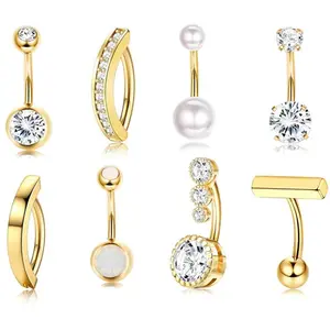 8 Pcs CZ Belly Button Rings, Surgical Stainless Steel Clicker Navel Piercings, Hypoallergenic Belly Piercing Jewelry for Women Girls