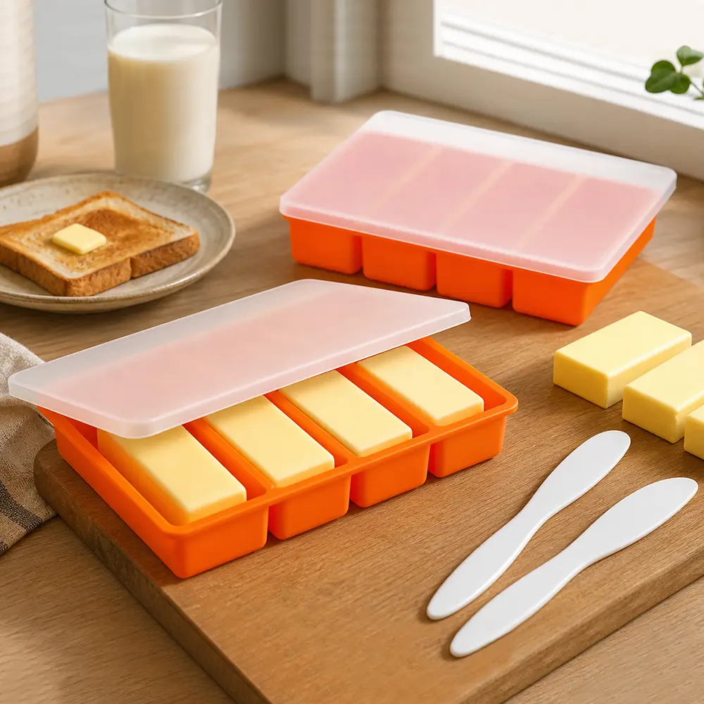 Silicone Butter Molds with Lid, Non-Stick Homemade Butter Mold, Includes 2 Spatulas, Freshness Locked, Easy Release, Versatile Shaping for Baking and Freezing, Orange