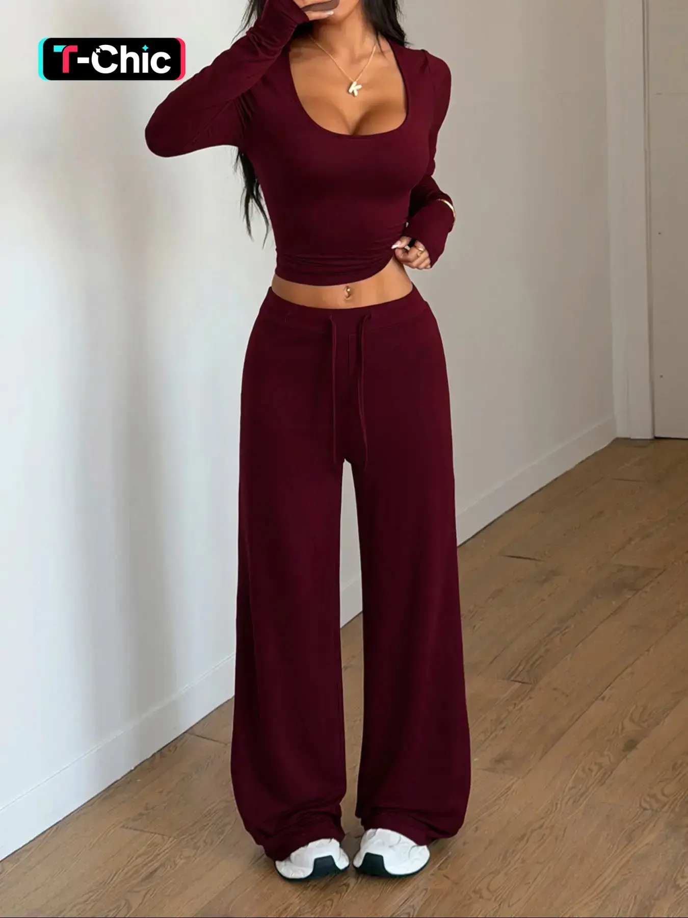 Womens two piece lounge set, Casual, Basic, Aesthetic, Knitted, Elastic, Fitted, long sleeve scoop neck crop top high waist drawstring wide leg pants athleisure streetwear Y2K burgundy comfortable for going out travel spring fall minimalist outfit