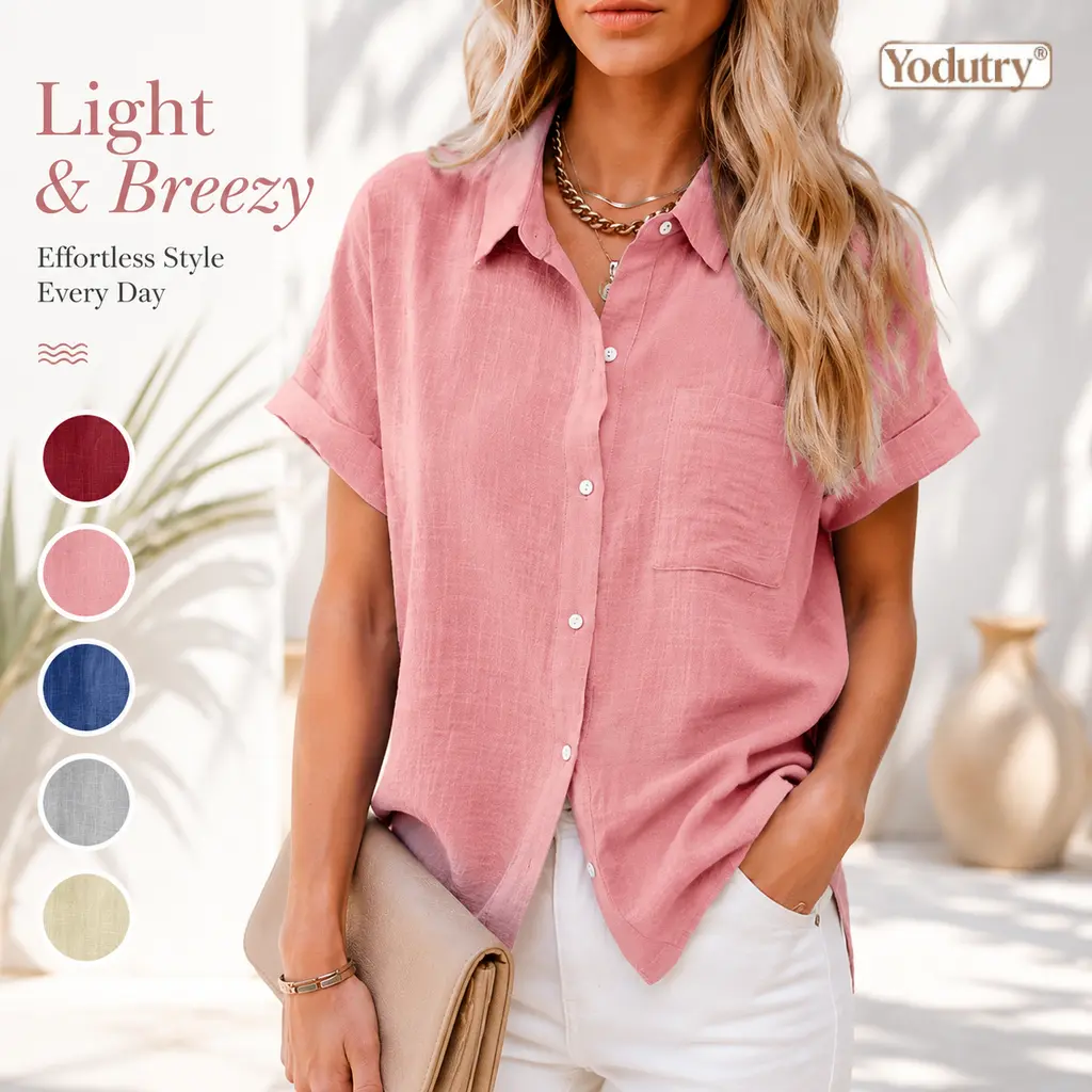 Yodutry|Blend Button-Down Shirt Rolled Short Sleeve Casual Blouse  Oversized Collared Work Top  Chest Pocket Shirt Breathable Summer Office Blouse Side Slit Relaxed Fit TopVersatile Everyday Shirt