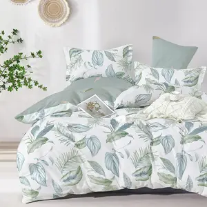 Botanical Cotton Comforter Queen Size - Sage Green Comforter Printed with Leaves & Ferns on White,Reversible Lightweight Bedding Sets 3Pcs(Leaves,90"*90")