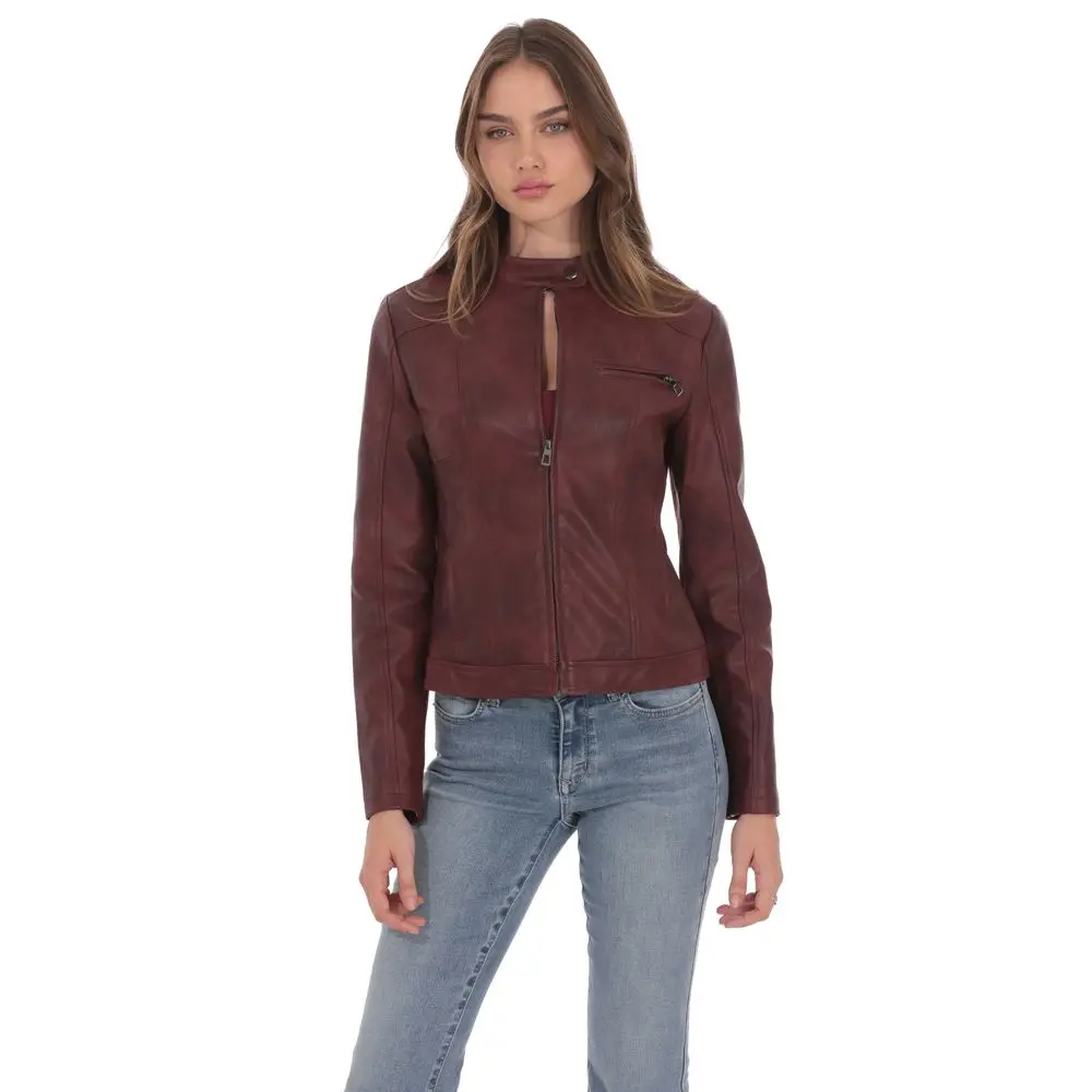 Faux Leather Biker Jacket in Burgundy