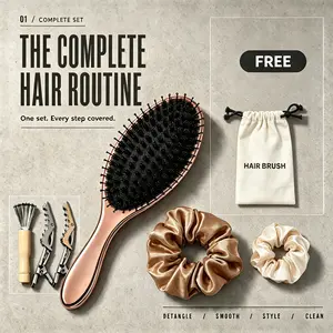 Natural Boar Bristle Hair Brush for Women, Rounded Tip Detangling Brush for Thick Hair, Anti-Frizz Smoothing Brush, Rose Gold Luxury Hair Brush  with Free Storage Bag & Hair Accessories Set