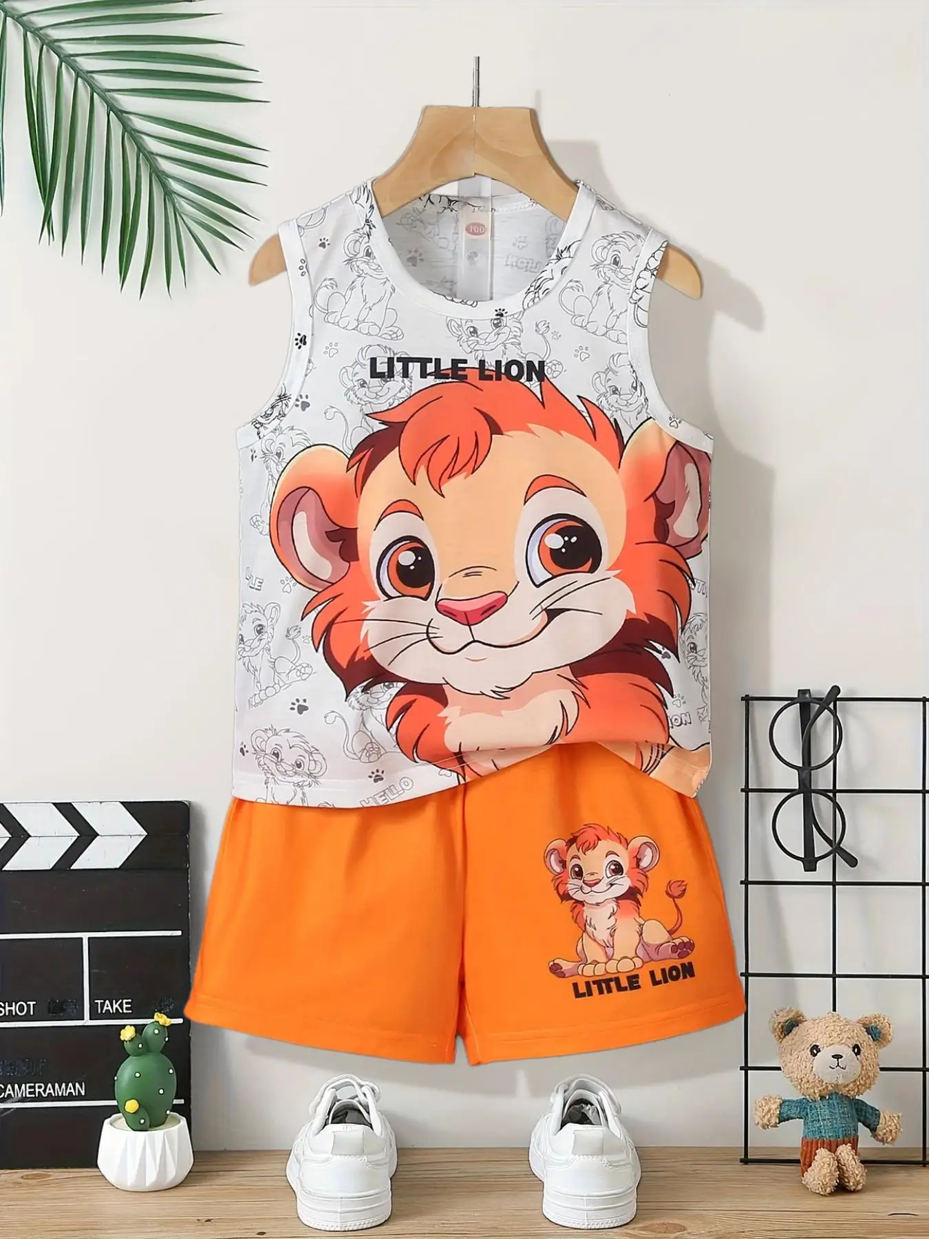 Two-Piece Set Toddler Boy's Cartoon Lion Print Tank Top & Shorts Co-ord Set, Casual Sleeveless Top & Shorts for Summer, Kids Clothes for Daily Wear