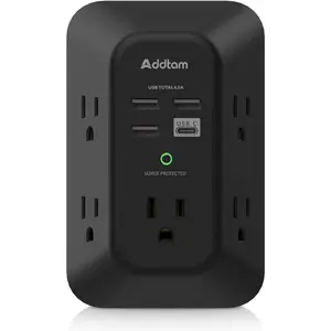 USB Wall Charger Surge Protector - Addtam 5 Outlet Extender with 4 USB Charging Ports (1 USB C), 3-Sided 1800J Power Strip Multi Plug Outlets Adapter Widely Spaced,Black