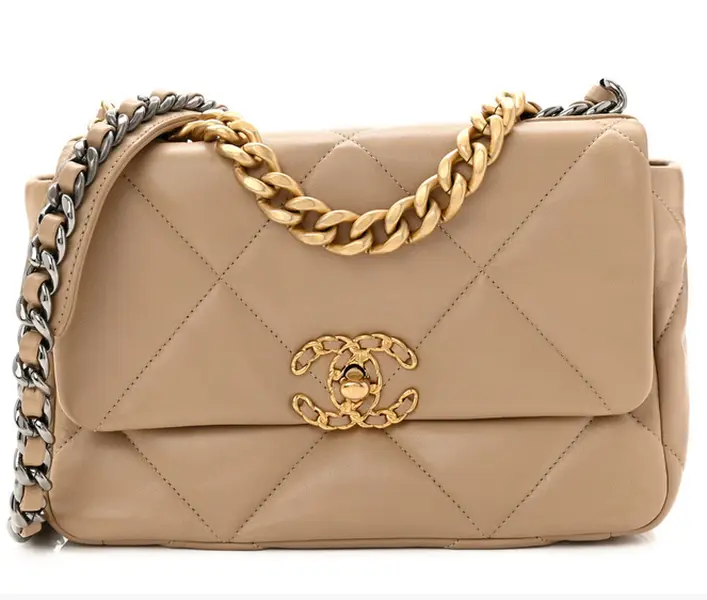CHANEL 19 FLAP BAG QUILTED LEATHER BAG COMES W/ CERTIFICATE OF AUTHENTICITY (COA), Lamb Skin, Handbag, Chain, Magnetic Closure