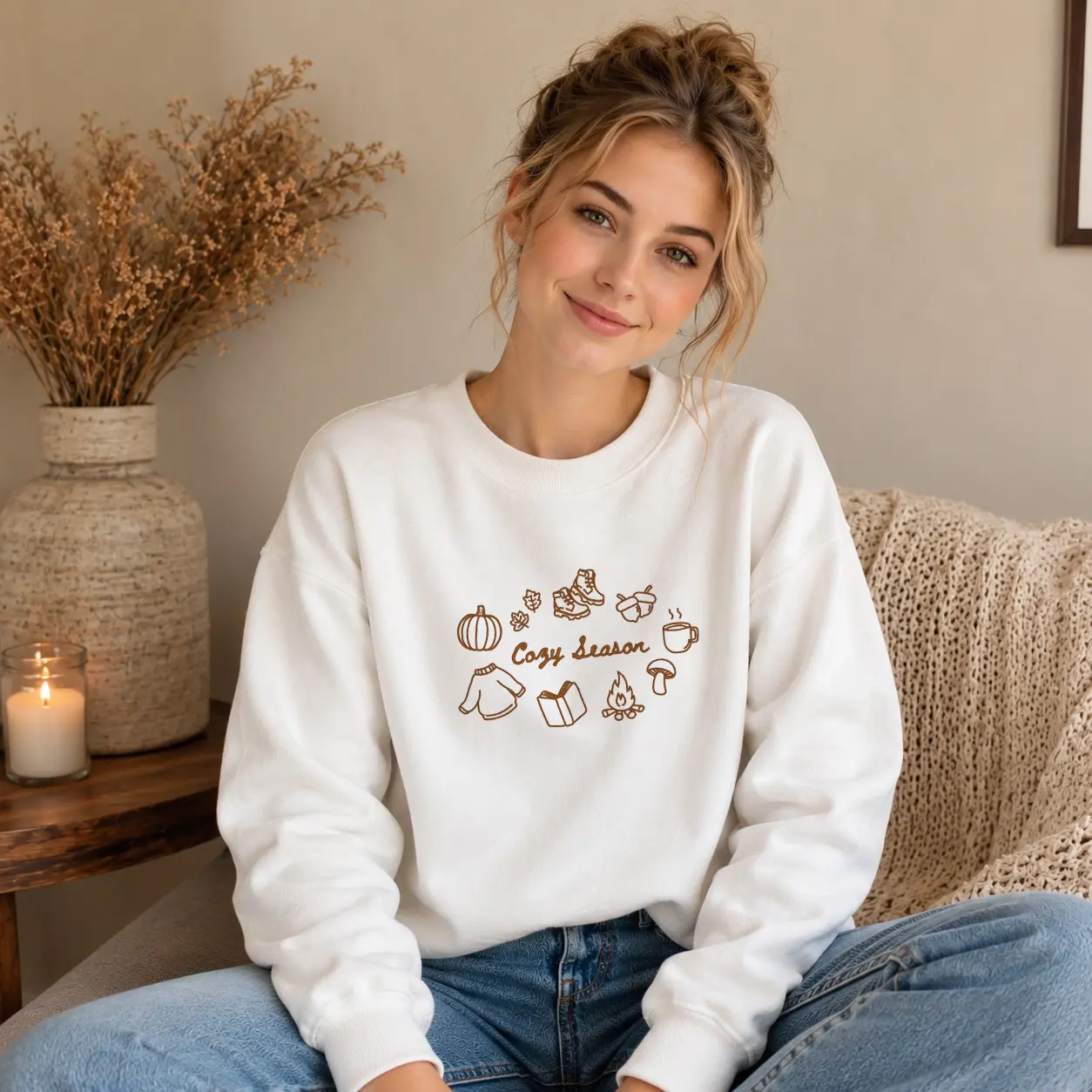 [Made in US] Embroidered Cozy Season Sweatshirt Cute Fall Pumpkin Coffee Stitched Crewneck Autumn Aesthetic Soft Pink Sweater