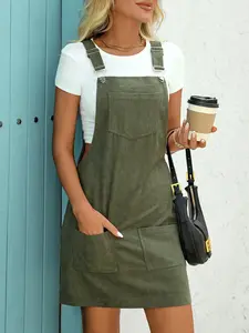 Women's Solid Color Fitted Pocket Overalls Dress without Inner Top, Casual Sleeveless Overalls Dress for Daily Wear, Ladies Clothes for All Seasons