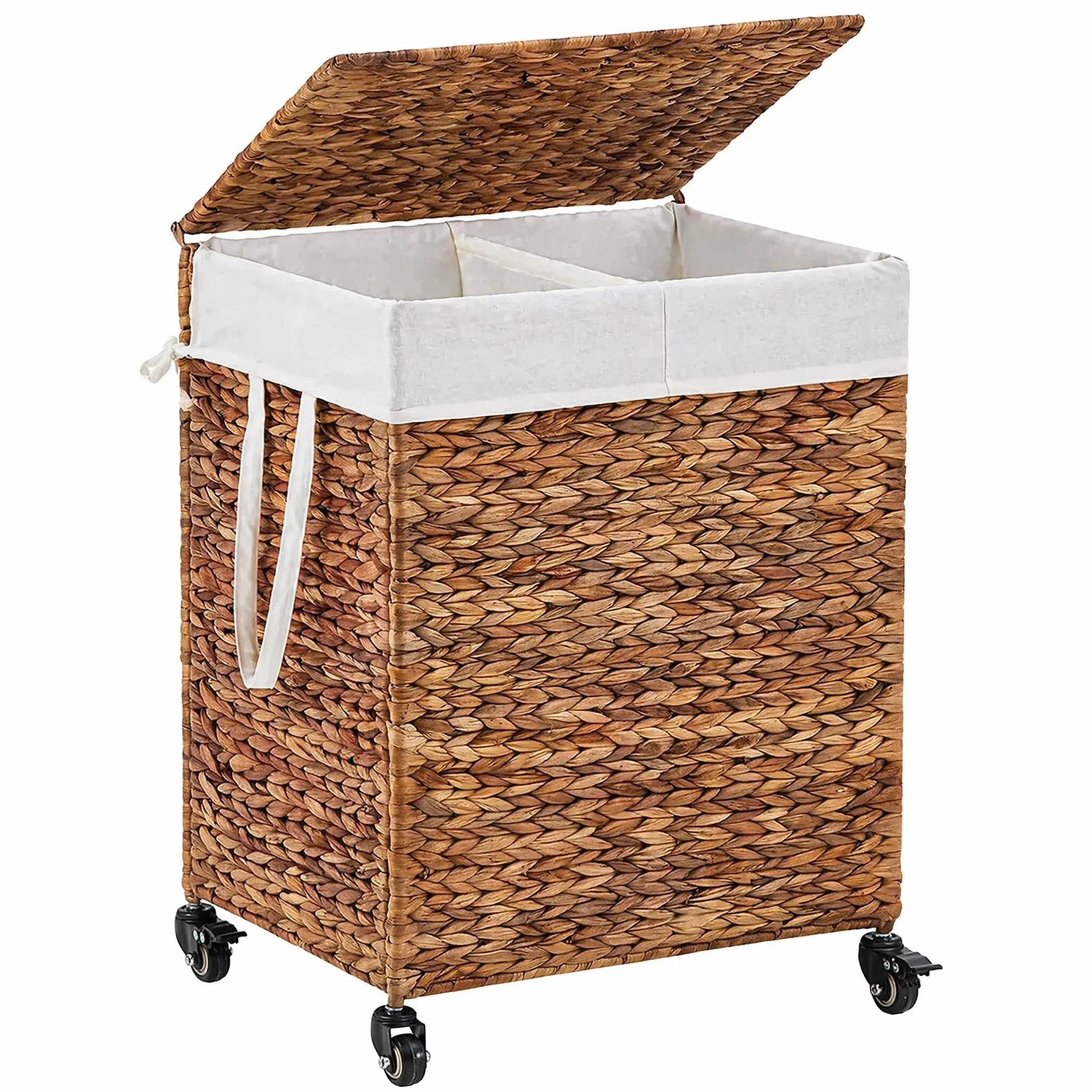 Handwoven Laundry Hamper with Wheels,Storage Basketm, Natural Water Hyacinth Rolling Laundry Basket with Lid and Removable Liner