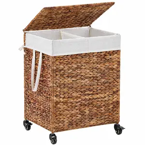 Handwoven Laundry Hamper with Wheels, Natural Water Hyacinth Rolling Laundry Basket with Lid and Removable Liner