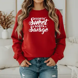 Sorta sweet sorta savage Sweatshirt in Vibrant Long Sleeve Bold Black Lettering for Standout Look Comfortable 50/50 Cotton/Polyester Blend Fabric Unisex Design Casual Womenswear Cherry Love Gag Gifts