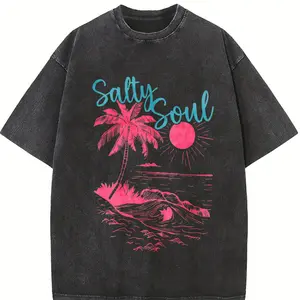 Women's Palm Tree & Sun Print Round Neck Tee, Casual Short Sleeve Crew Neck T-shirt for Summer, Fashion Women's Top for Beach Vacation, Womenswear, Casual Loose Tee