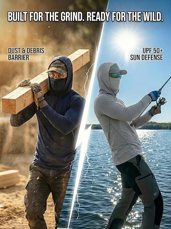 6-Pack Men's Sun Protection Hoodie with Face Mask, Lightweight Breathable Work Shirt for Lawn Mowing Gardening, UV Shield Dust-Proof Athletic Hooded Tee,clothes for back to school,first day of school outfits