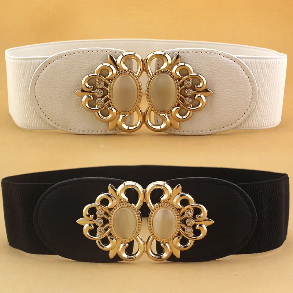 Gold Floral Accent Elastic Belt Gold Metallic Stretch Belt | Floral Buckle Belt – Palazzo  main image 2