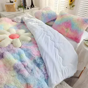 Faux Fur Plush Tie-Dyed Pink Comforter Sets King - Ultra Shaggy Flannel Velvet Fluffy Fuzzy 3PC (Comforter x 1 Pillowcases x 2)