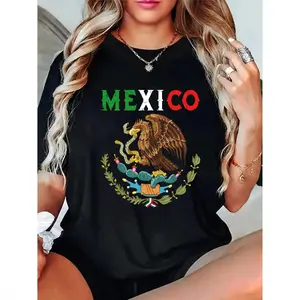Women's Cotton T-Shirt, Retro Distressed Mexico Coat Of Arms Eagle Graphic, Hispanic Heritage Mexican Pride Unisex Casual Short Sleeve Crewneck Streetwear Top Oversized Fitted