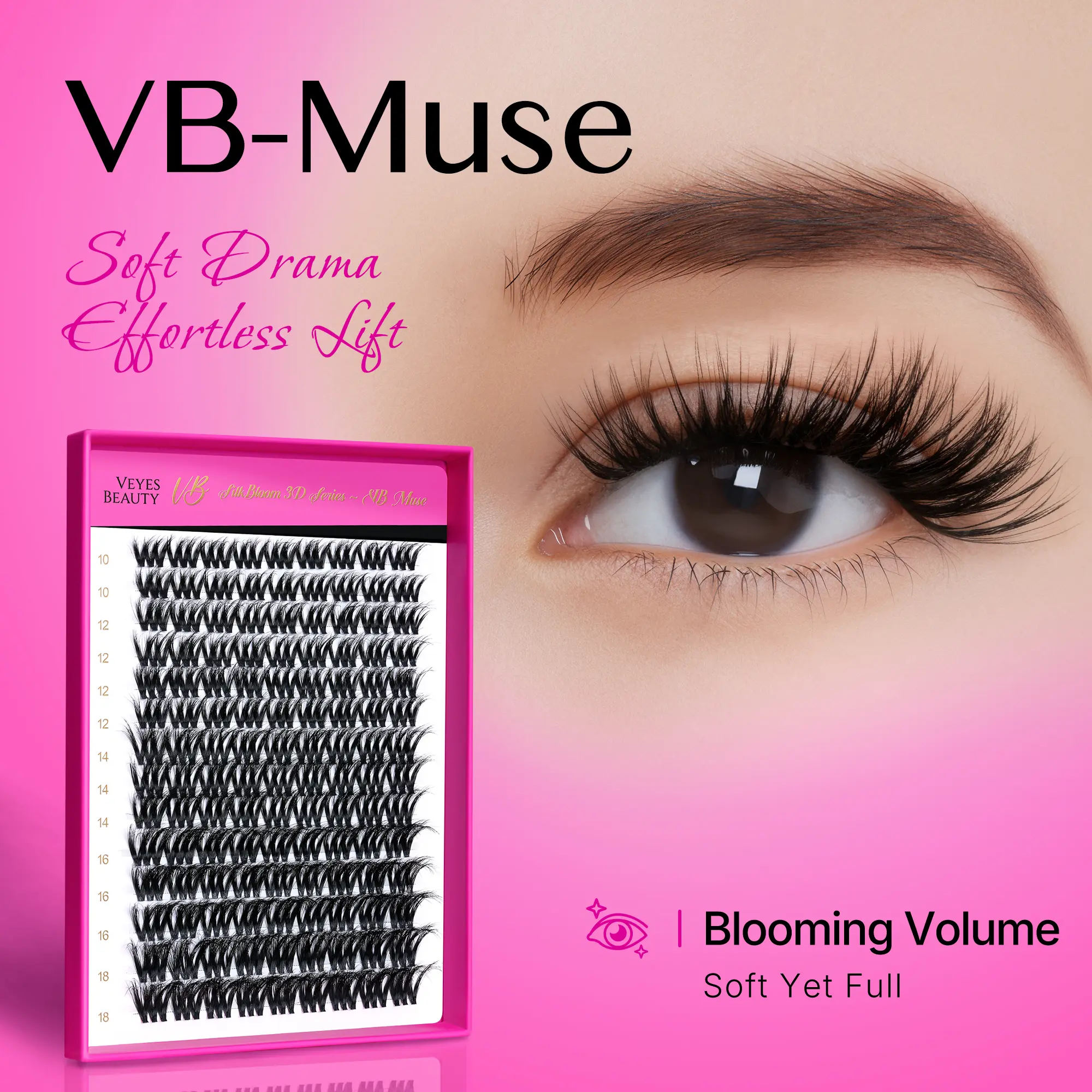 VEYESBEAUTY VB-Muse Cosmetic False Lashes Set, 3D Volume Fluffy Wispy Lash Clusters, Individual Mixed-Length Faux Mink Extensions, 5-Second DIY Large Tray for Newbie Self-Application at Home