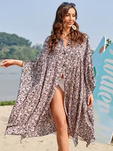 Women's Loose Fit Casual Beachwear Shirt, Random Print Bikini Cover-Up, All-Season Holiday Outerwear, Plus Size Swimwear Jacket, Swimsuit Cover Ups, Swimsuit Coverup, Swimwear Coverups