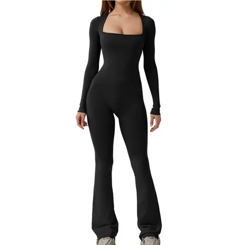 QINSEN low neckline Jumpsuits for Women Square Neck Wide Leg Full Length Romper Playsuit