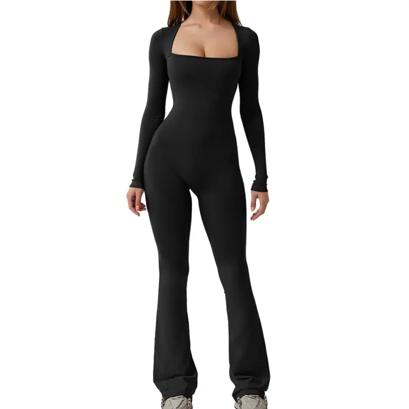 QINSEN low neckline Jumpsuits for Women Square Neck Wide Leg Full Length Romper Playsuit