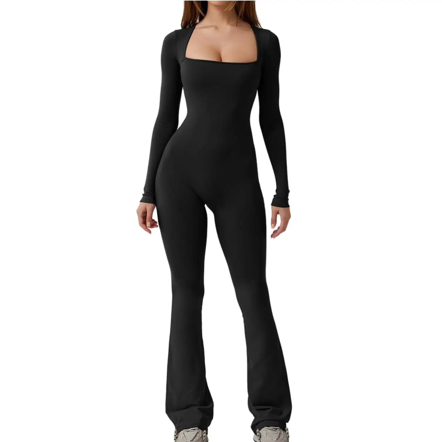 QINSEN Long Sleeve Jumpsuits【Tall girls choose carefully】 for Women Square Neck Wide Leg Full Length Romper Playsuit Womenswear Overalls//Tall individ