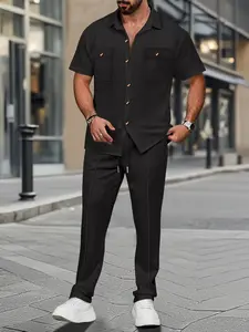 Men's Spring Summer Set Outfit, Two-Piece Fitted Waffle Texture Muscle Show Design, Elastic Pants & Drawstring Waist, Casual Wear for Running