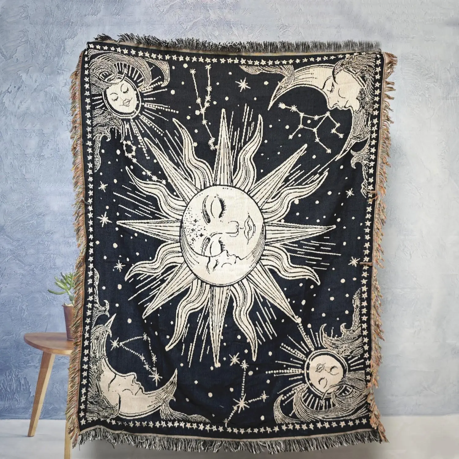 The Sun and Moon Together Bohemian Yarn Jacquard Woven Blanket with Tassels, Decorative Blanket Gifts, Chunky Soft, Wear-resistant Washable, No faded No pilling, for Home Decor Sofa Chair Bed Garden Picnic Outdoor Camping Boho Blanket