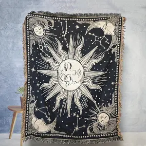 The Sun and Moon Together Bohemian Yarn Jacquard Woven Blanket with Tassel, Chunky Soft not Printed, Wear-resistant Washable, No faded No pilling, for Home Decor Sofa Chair Bed Tapestry Tablecloth Floor Garden Picnic Outdoor Camping Boho Blanket