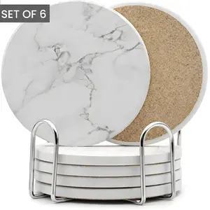 6PCS Marble Style Ceramic Drink Coasters Set with Holder, Round Coasters with Non-Slip Cork Base, Absorbent Stone Coasters for Coffee Table, Dining Table, Bar, Kitchen, Protects Surfaces from Water Rings, Modern Home Decor Gift Set
