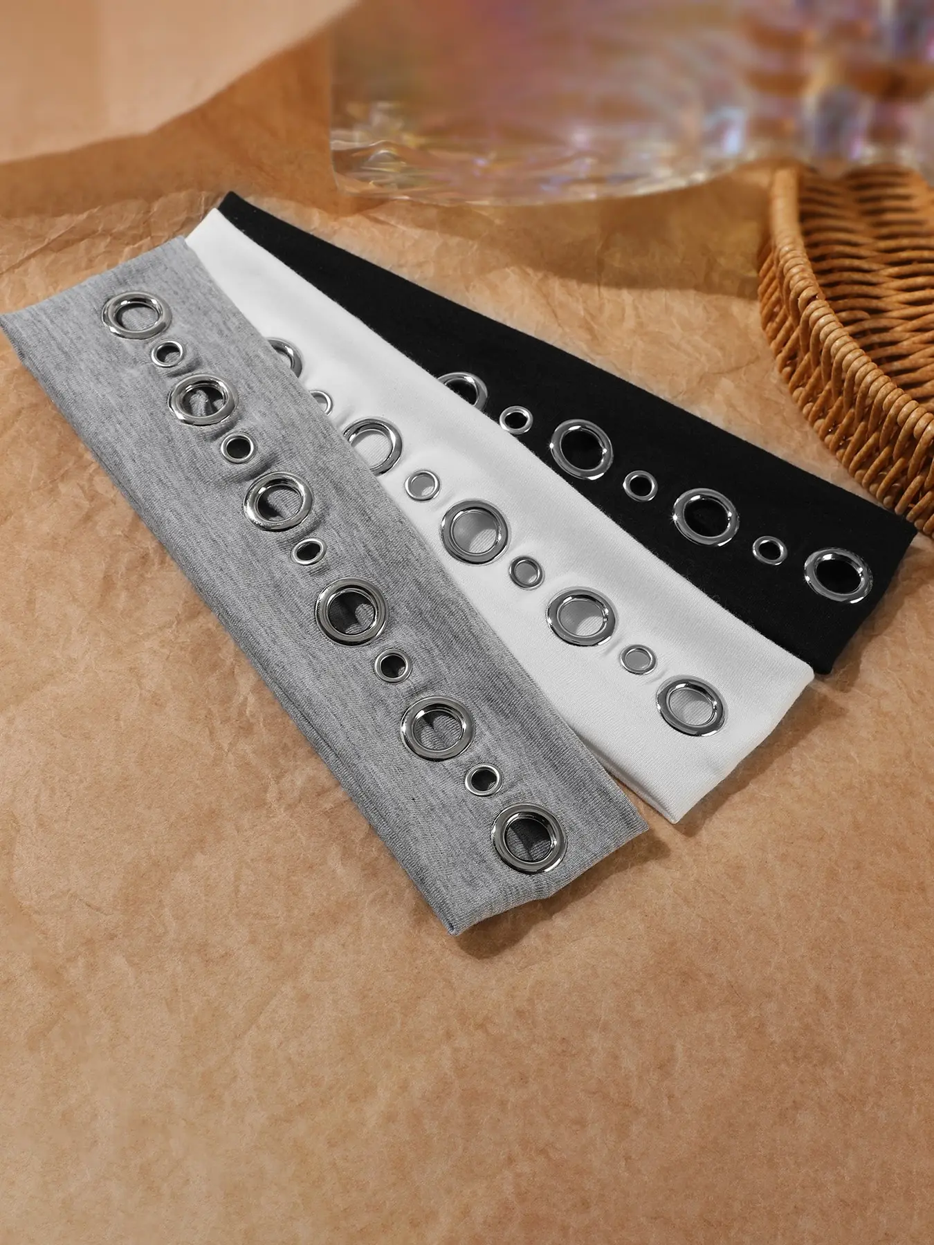 Women Punk Style Elastic Hairband Set, Hair Accessory Sets, Music Festival Rock Fabric Metal Ring Design, Y2K Pure Color Vintage Appeal Retro Sweet Cool Accessory