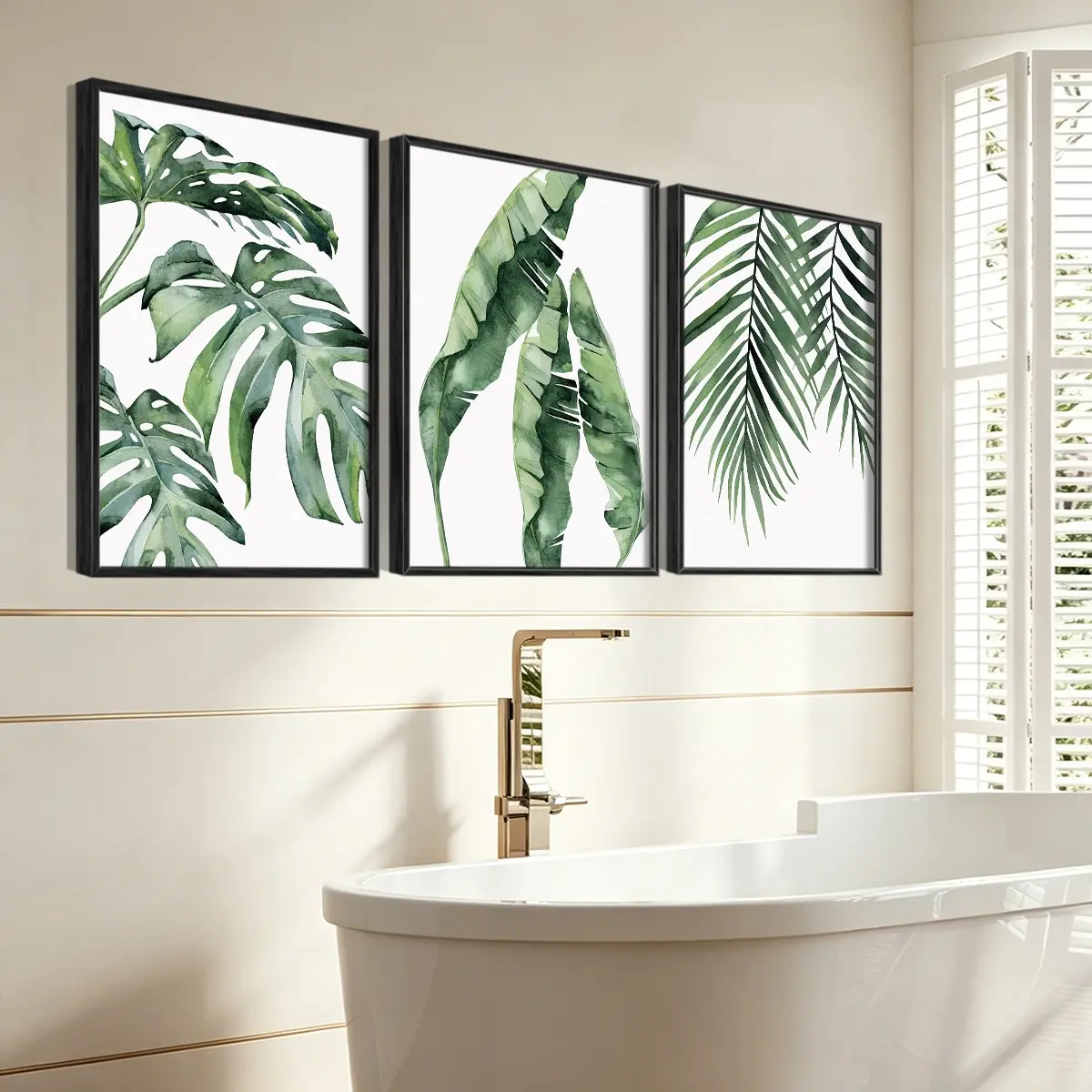 3Pcs Monstera Leaves Art Painting, Tropical Botanical Prints, Modern Frame, Home Decor For Living Room, Bedroom, Office, Hallway Wall Decor, Odorless Print Artwork, Luxury Perfect Gift For Friends And Family
