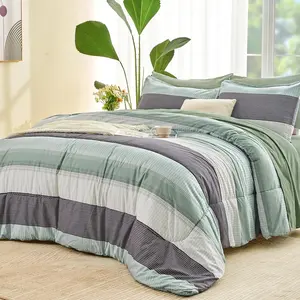 Full Size Comforter Set Sage Green - 7 count Green Striped Lightweight Bed in a Bag, Soft Microfiber Reversible Bedding Set with Comforter, Fitted & Flat Sheet, Pillowcases & Shams