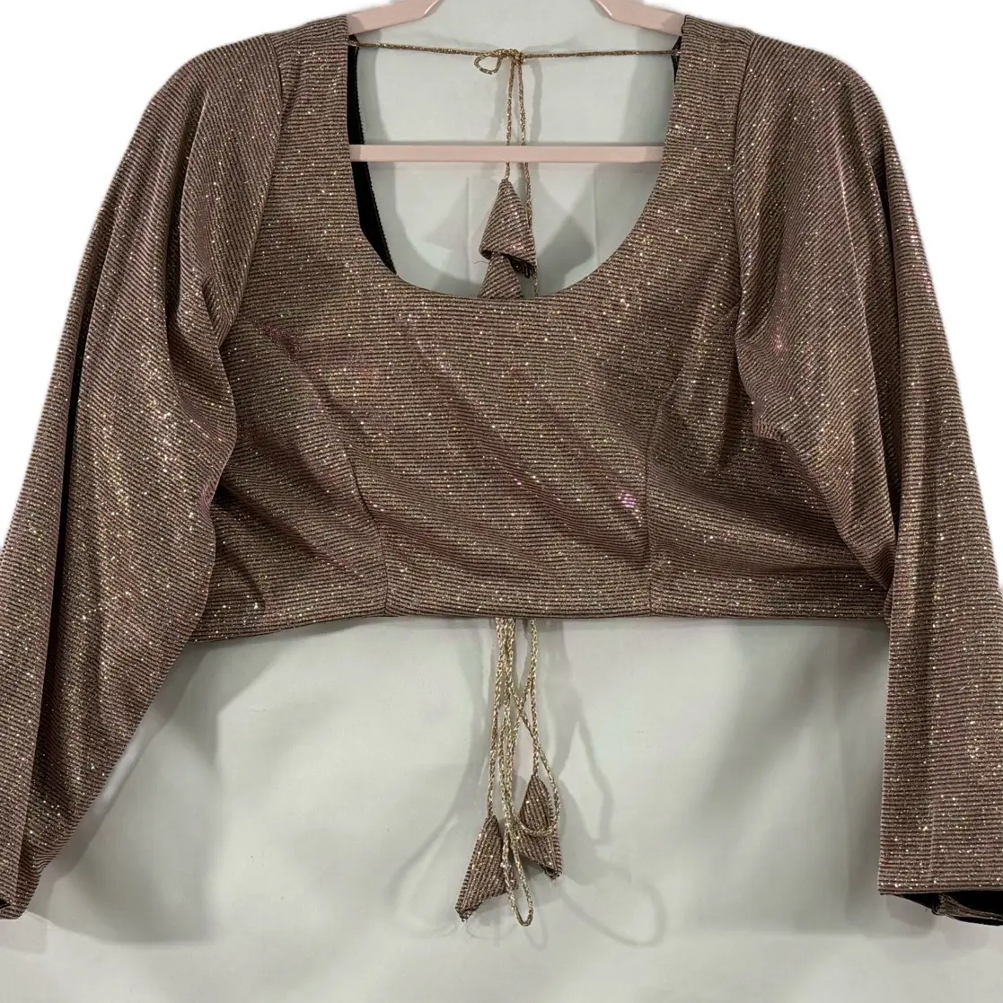 Trendy Women's Red and Golden Shimmer Fitted Blouse with Stylized Back Design, Matches a variety of Saree and Lehnga Choices.