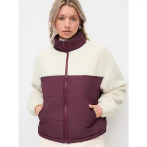 Cider Fleece Stand Collar Colorblock Faux Fur Trim Oversized Jacket