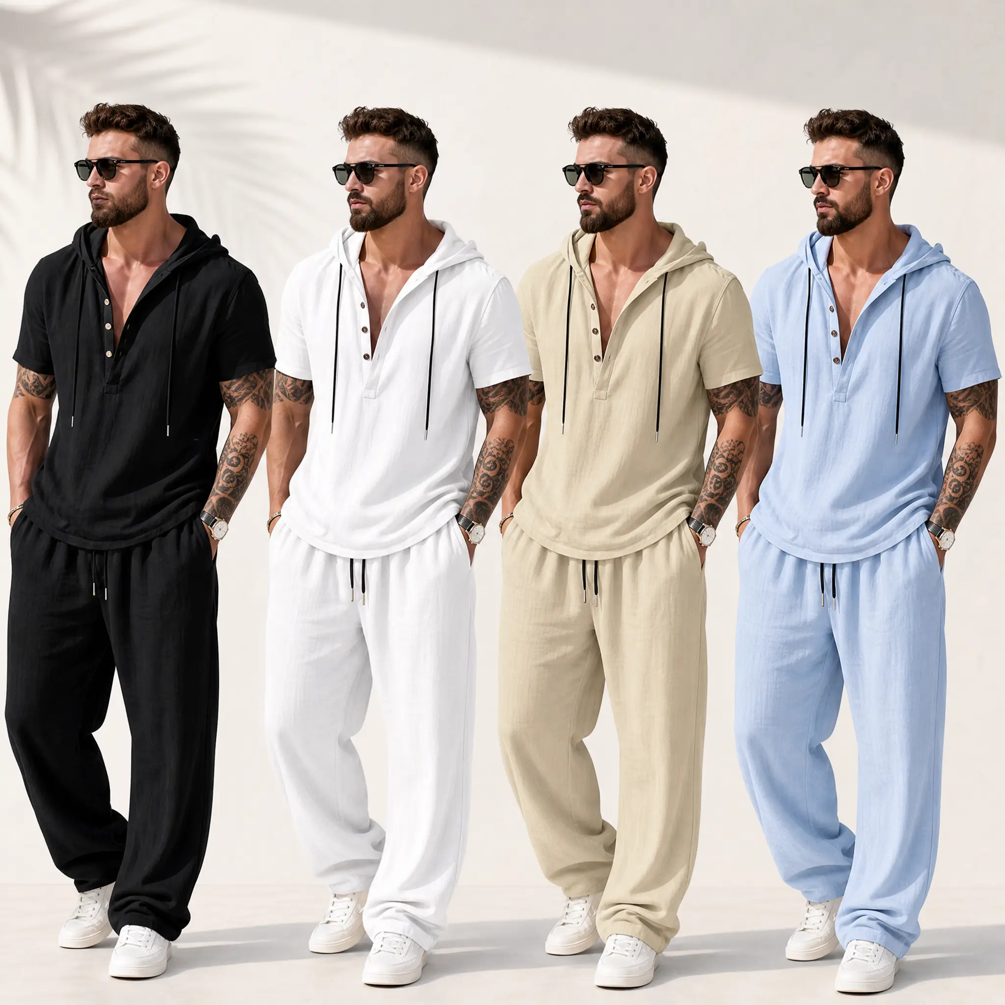 Men's Matching Set 2 Piece Outfit Hooded Henley Shirt with Drawstring Wide Leg Pants, Summer Beach Vacation Casual Loungewear for Men