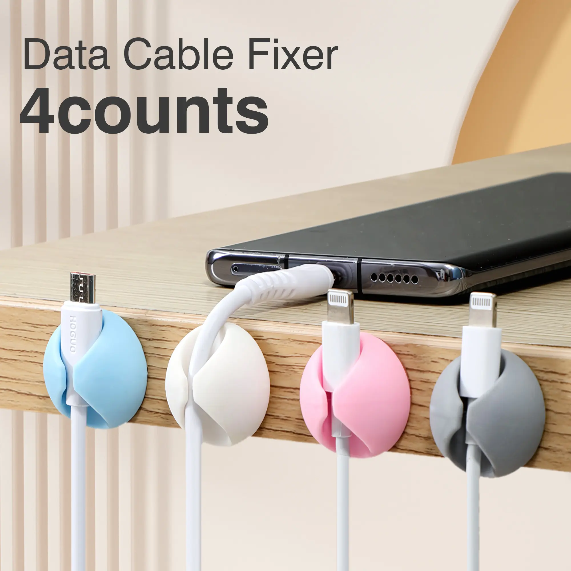 4 Counts Cable Clips for Desk, Colorful Strong Adhesive Cable Holder, Cable Management Clips for Desk, Nightstand, Car, Office