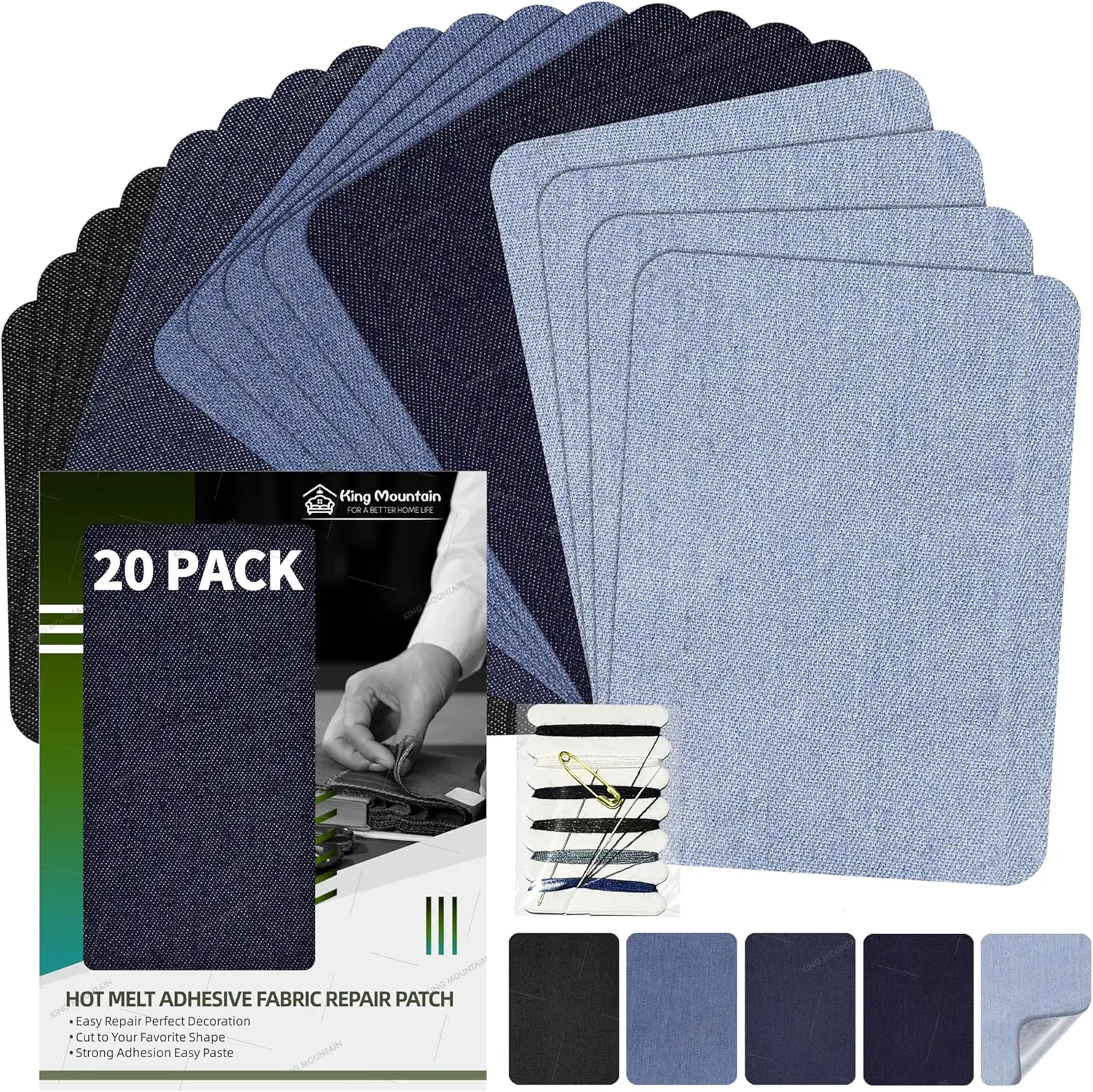 20 Pcs Iron-on Repair Patch Denim Kit, 100% Cotton Denim Patches for Jeans 3" by 4-1/4", for Clothing Repair and Decoration, Five Colors