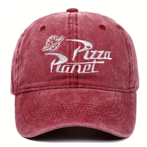 Pizza Planet Embroidered Distressed Washed Cotton Baseball Cap, Adjustable Lightweight Retro Casual Hat for Men & Women, Cotton, Christmas Holiday