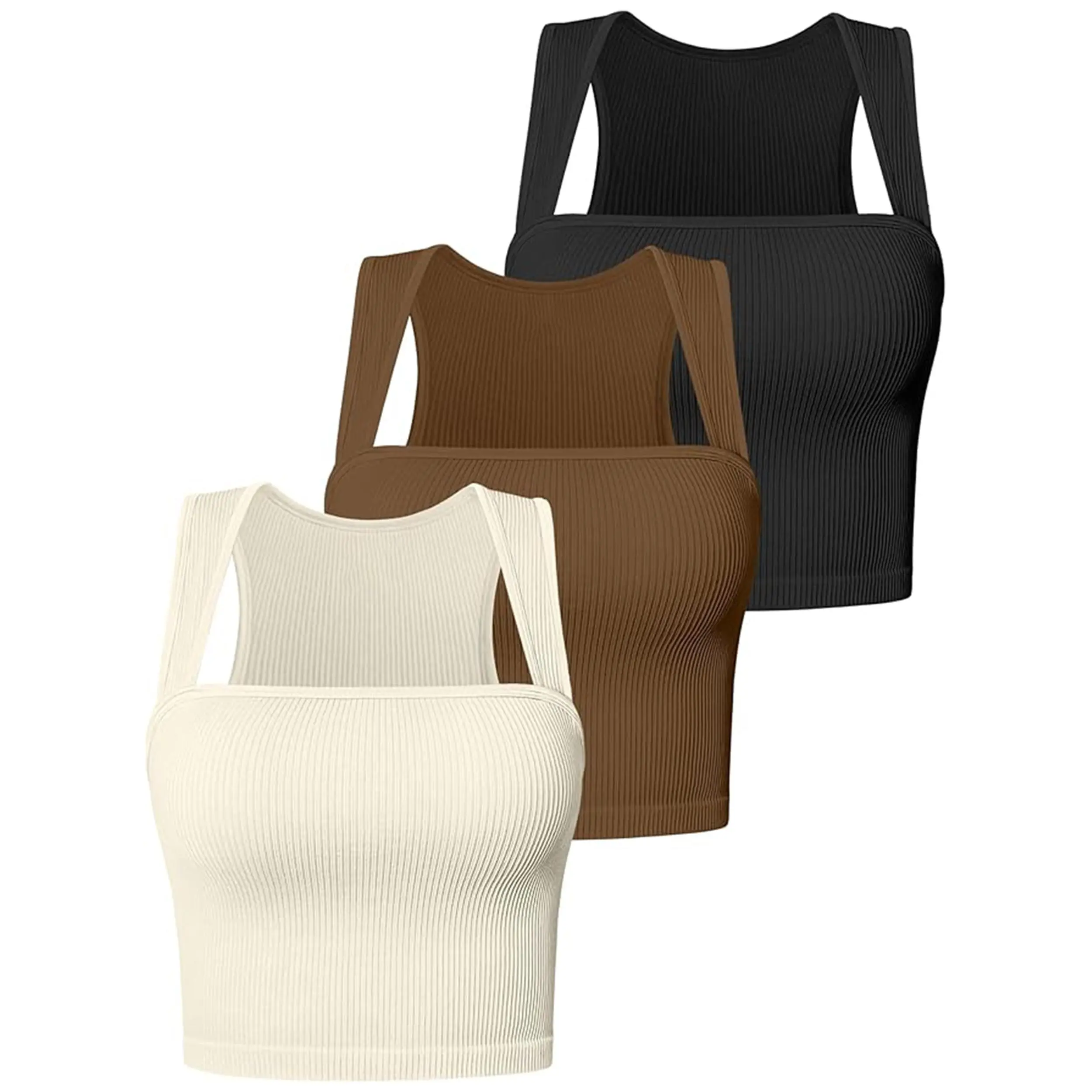 SUNVADUN Women's 481-3 Piece Sporty Chic Solid Strappy Sleeveless Square Neck Crop Top, Casual Comfy Cami, Multi-Size Female Wear Slight Stretch Machine-Washable Sports Underwear (Black,Coffee,Beige) with Strappy Back for Everyday Wear, All Seasons, Stret