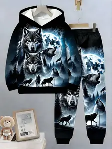 Boys' Wolf Pack Moonlight Hoodie Set, Blue Casual Fitted Two-Piece, Spring & Fall Wild Style Clothing, Sweatpants