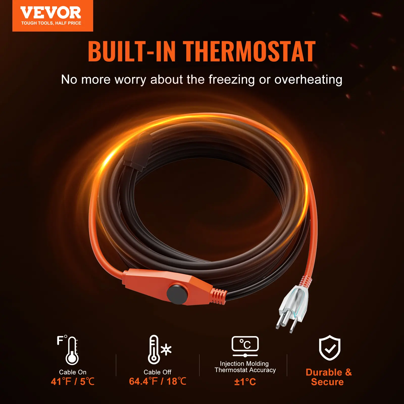 【BackToSchool】VEVOR Pipe Heating Cable, 30FT 7W/FT Heat Tape for Pipes with Built-in Thermostat, Water Pipe Heat Cable Protects PVC Hose, Metal and Plastic Pipe from Freezing