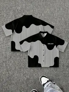 Men's Short Sleeve Shirt, Patchwork Plaid and Geometric Patterns, Casual Button Decor, Urban Style Top, Fashion Daily Wear
