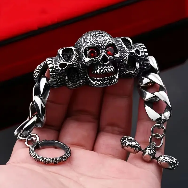 1pc Men's Retro Punk Gothic Red-Eyed Skull Bracelet - Zinc Alloy Chain with Synthetic Cubic Synthetic Accents, Edgy Halloween Party Accessory & Street Motorcycle Jewelry Gift for Men bracelet stack bracelet men charm bracelet