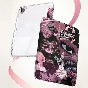 Black & Pink Gothic Bow Eye Bunny Pattern iPad Case - Transparent Acrylic Stand Cover with Pencil Holder & Charger Slot, Fits iPad Pro 11/12.9, Air 5/4, Mini 6/5, Shock-resistant Full Cover Protective Case, Perfect Gift for Offices Schools Home