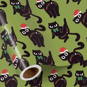 Christmas Cat Wrapping Paper Roll, Mini Roll, Black Cats with Santa Hats and Merry XMAS Text, Fun Holiday Gift Wrap for Boys, Girls, Cat Lovers, Christmas Party, Gift Wrapping Supplies, 17 Inches x 16.4 Feet