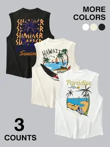3 Pack Summer Vacation Graphic Casual Loose Hawaiian Tank Tops - Hawaii & Paradise Sleeveless Vests