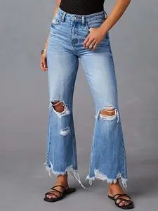 Women's Casual Fashion Light Wash Denim Jeans with Ripped Details, Stylish Distressed Design for Everyday Wear, Comfortable and Trendy