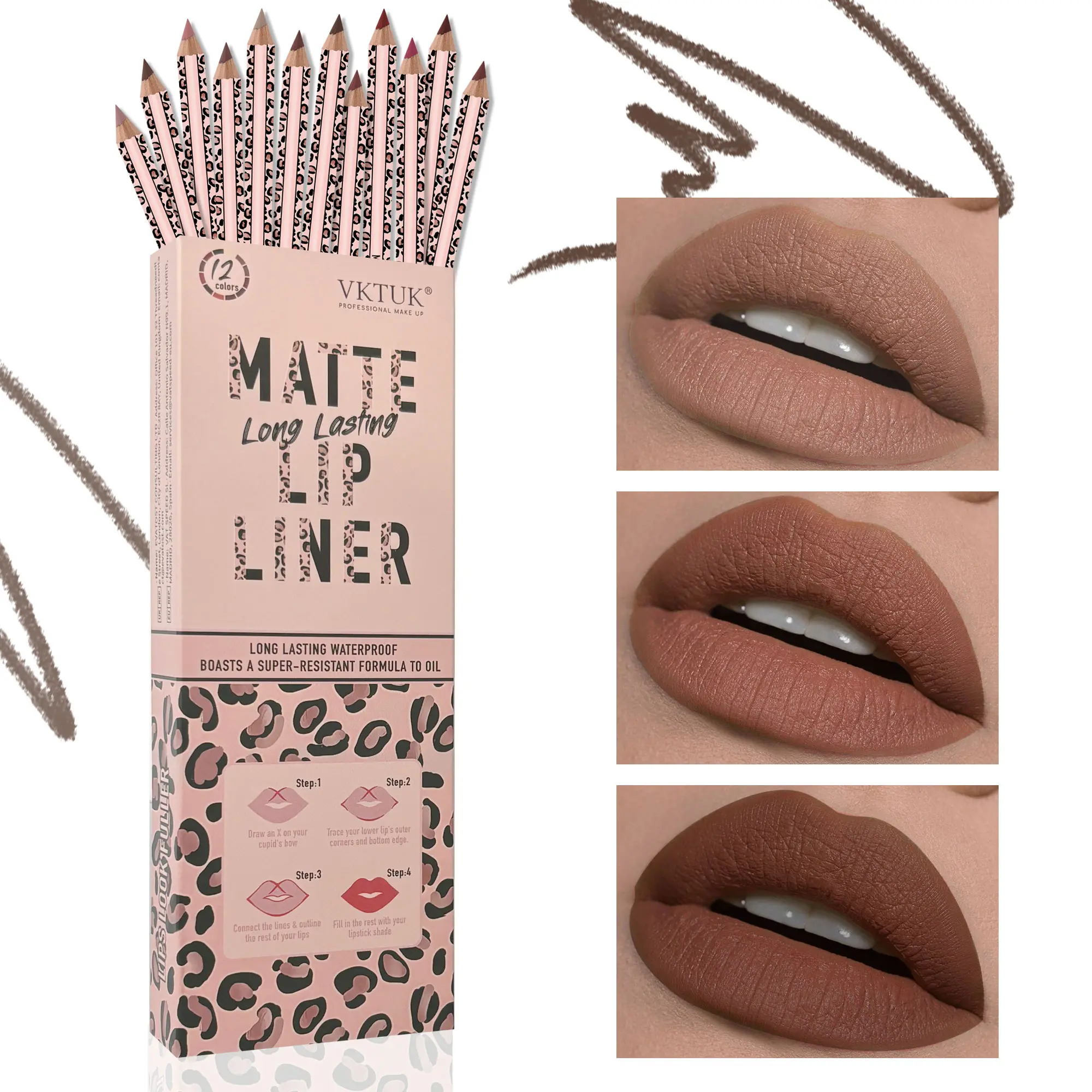 VKTUK Long-Lasting Matte Lip Liners, 12-Piece Nude Cosmetic Pencil Set for Adults, Easy to Apply and No-Smudge Makeup
